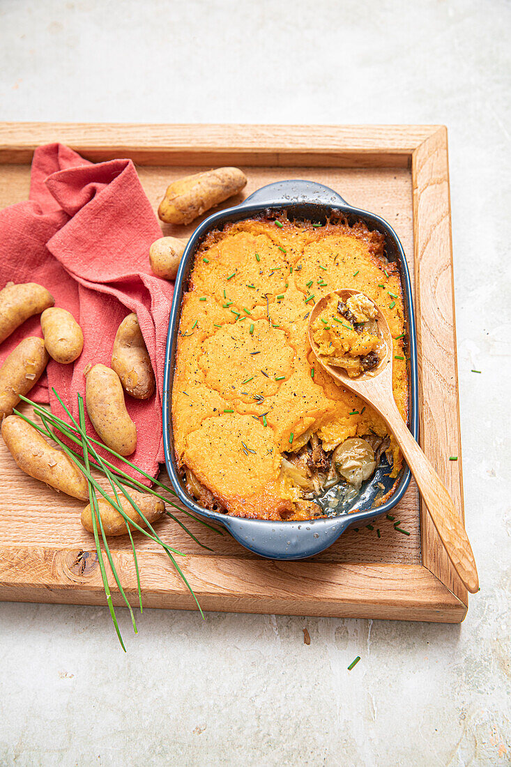 Parmentier of butternut squash with chicken, morels and grenaille potatoes