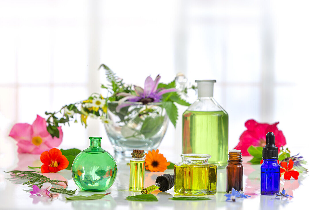 Various essential oils in bottles surrounded by medicinal plants and medicinal flowers