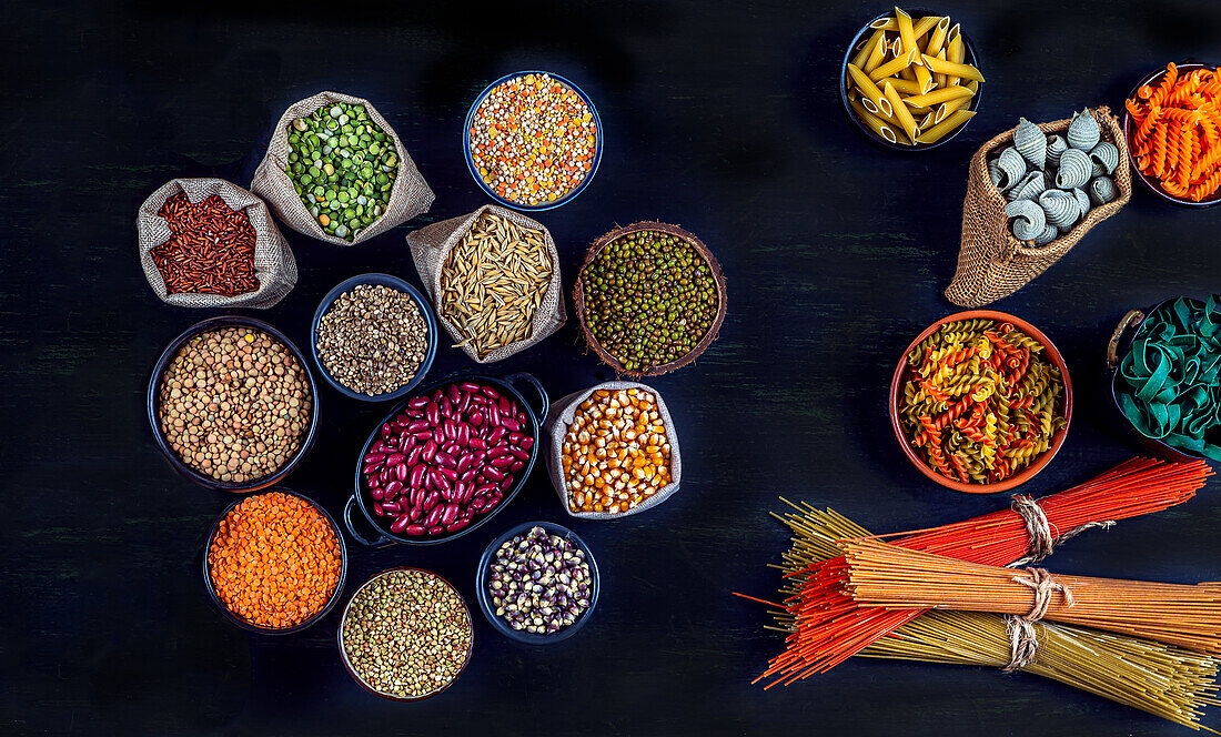 Various pulses and pasta for a vegan diet