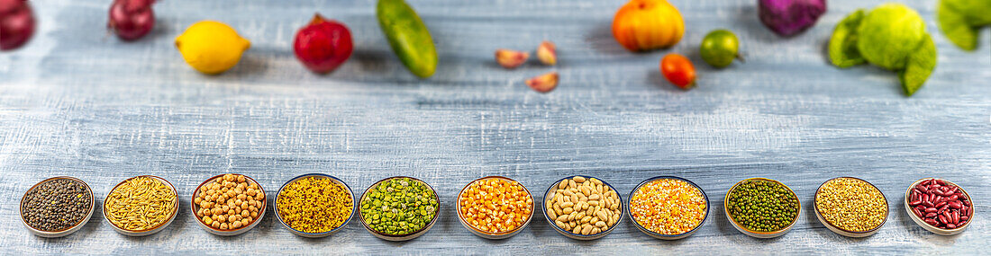 Cereals, seeds, pulses, organic vegetables and organic fruit for a healthy diet