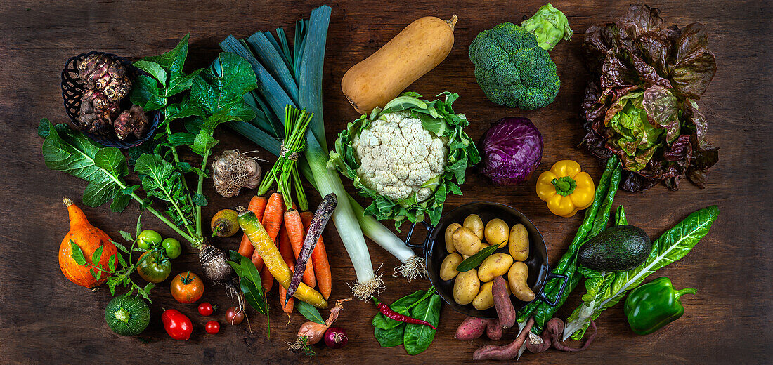Selection of organic vegetables for a healthy vegan diet