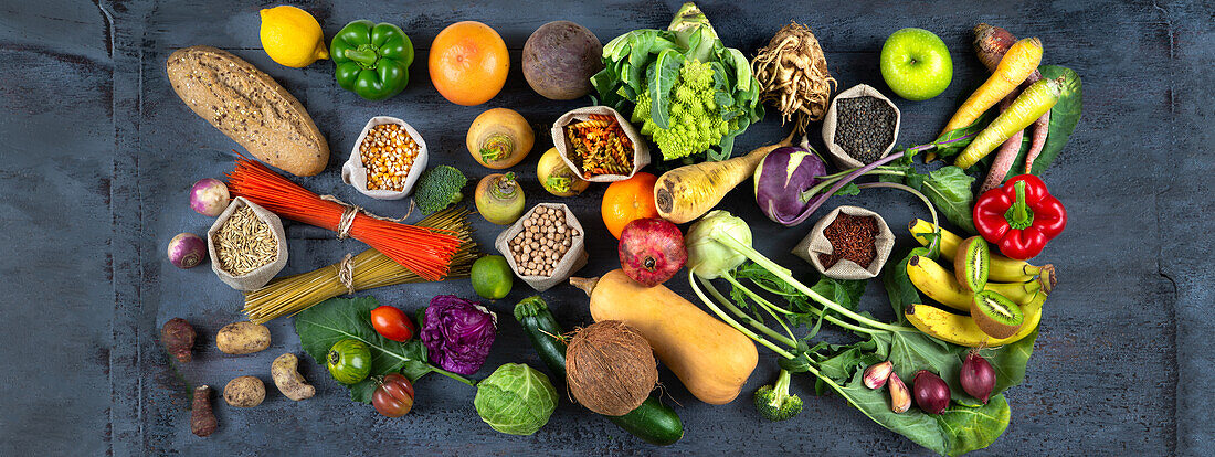 Fruit, vegetables, and pasta for the vegan diet
