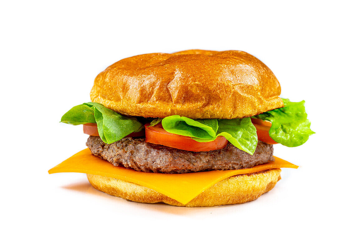 Cheeseburger against a white background