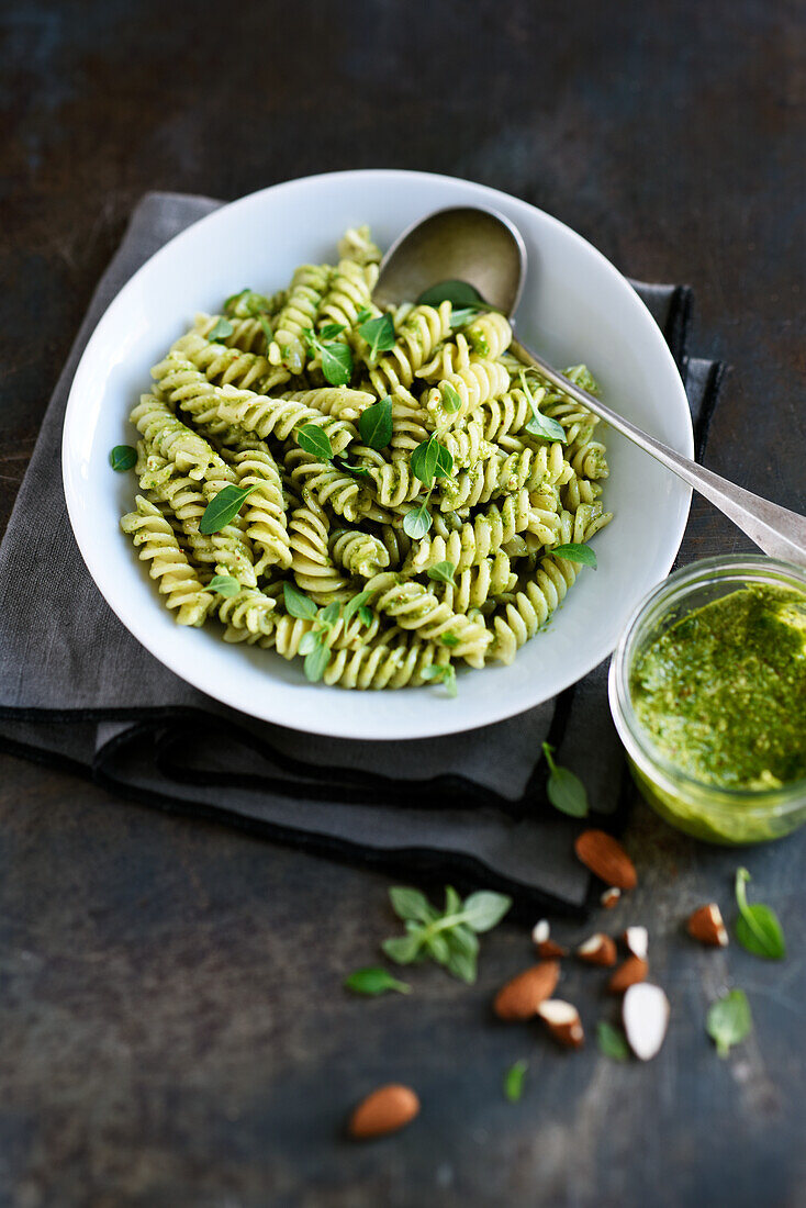 Fusilli with basil and almond pesto