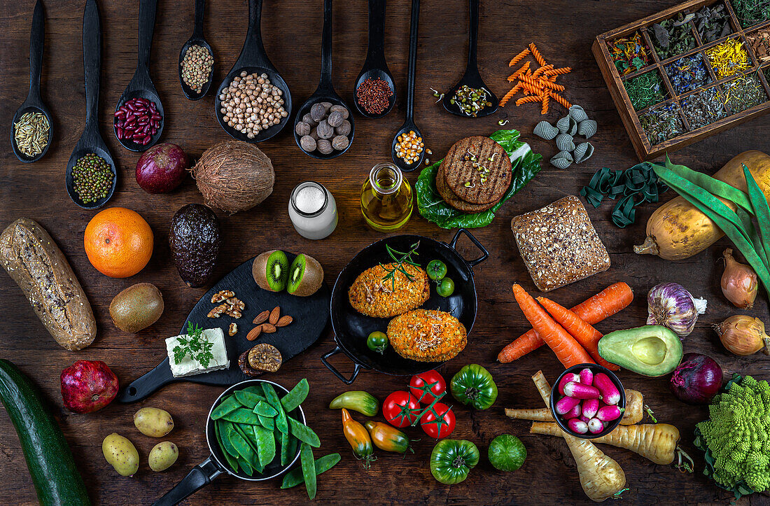 Selection of products for a vegan diet