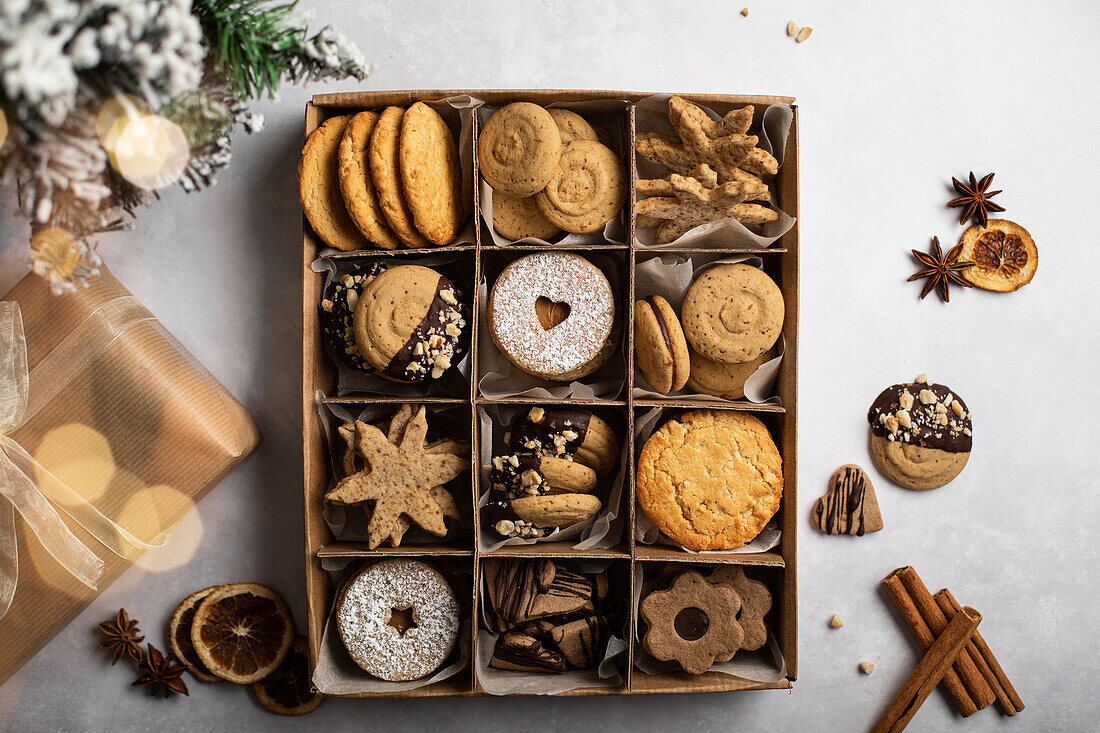 Assorted Christmas biscuits in compartments of a box
