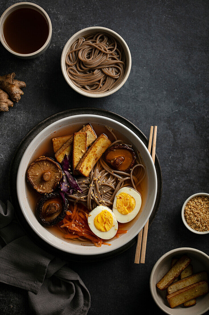 Ramen soup with tofu, mushrooms and egg (Japan)