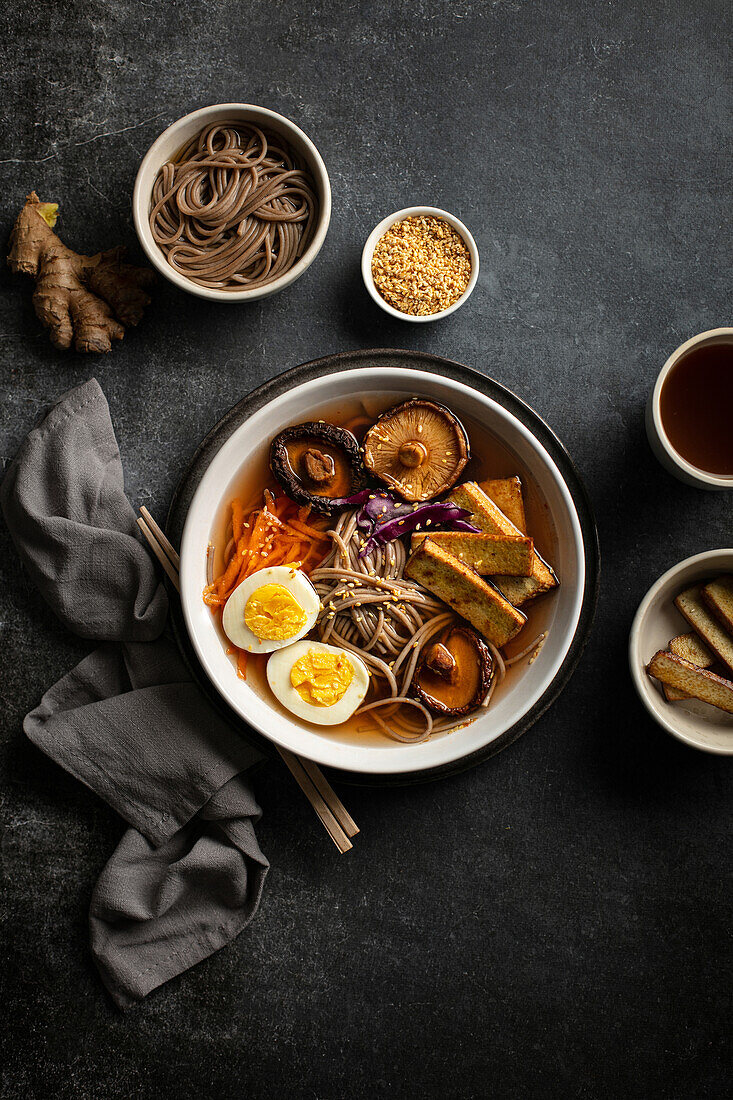 Ramen with tofu, mushrooms, and egg (Japan)