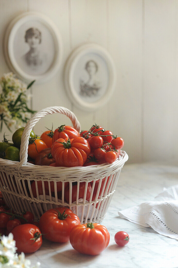 Basket with various tomatoes