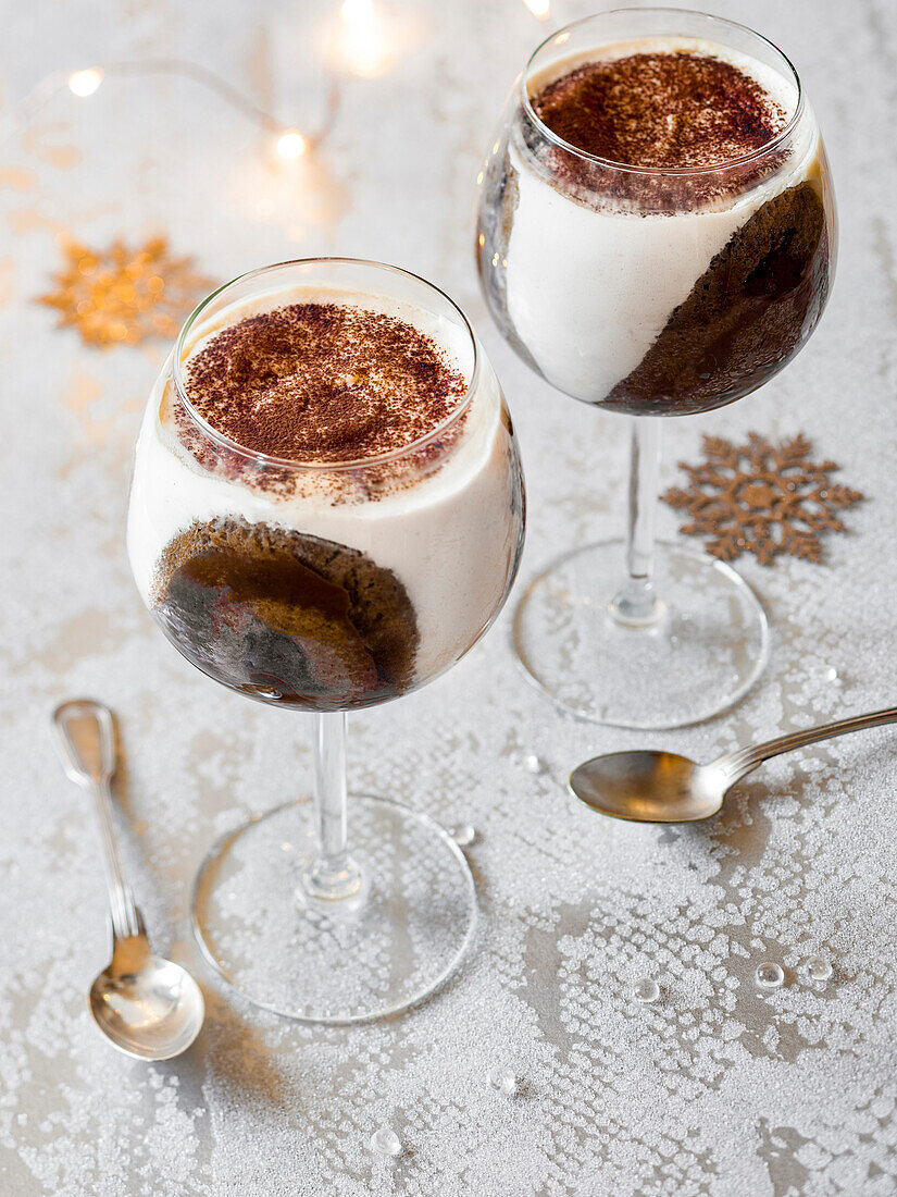 Tiramisu served in stemmed glasses (Christmas)