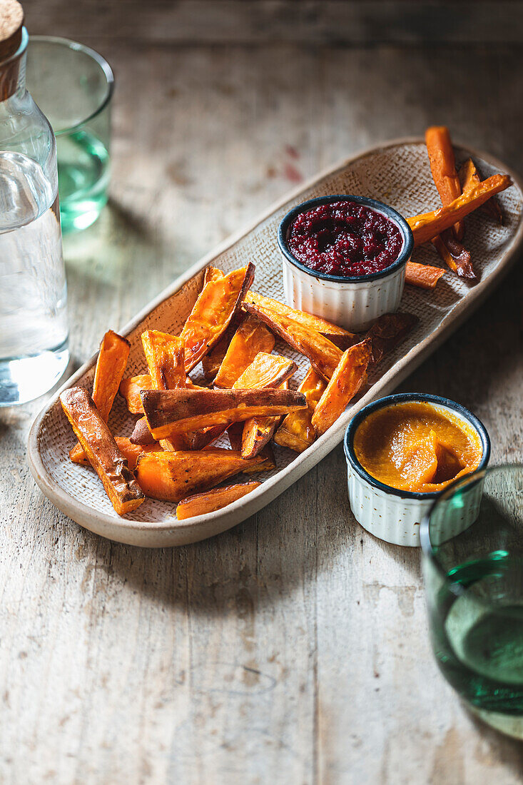 Baked sweet potato fries for children with beet ketchup