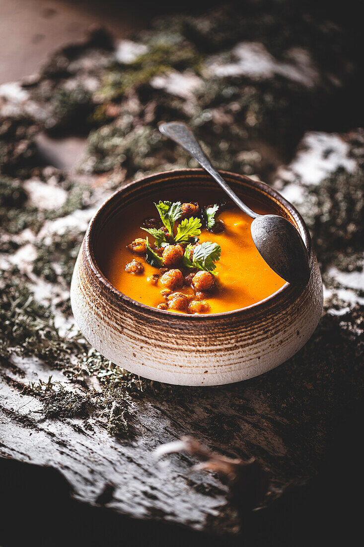 Pumpkin soup with chai spice and spicy chickpea croutons