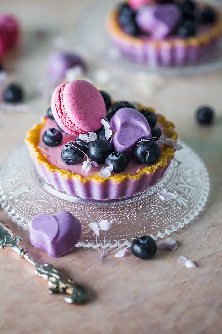 Blueberry pannacotta tortelette with lavender sweets and macaron