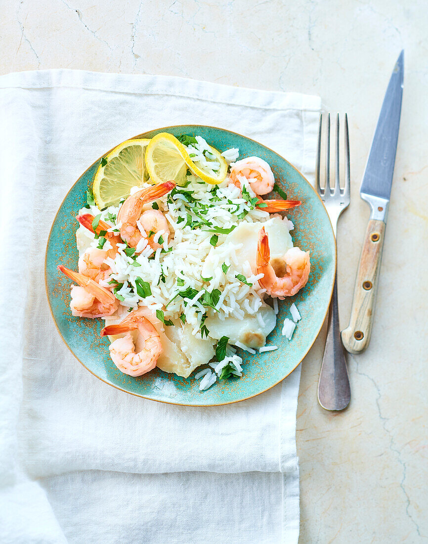 White fish with shrimp and lemon rice