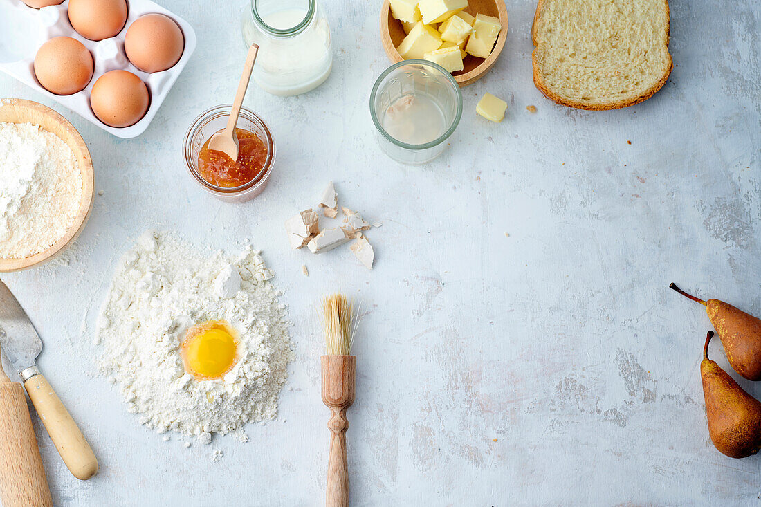 Various baking ingredients on a light background