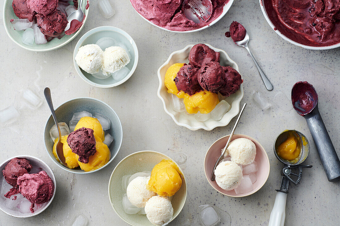Various homemade ice cream flavors and sorbets in bowls