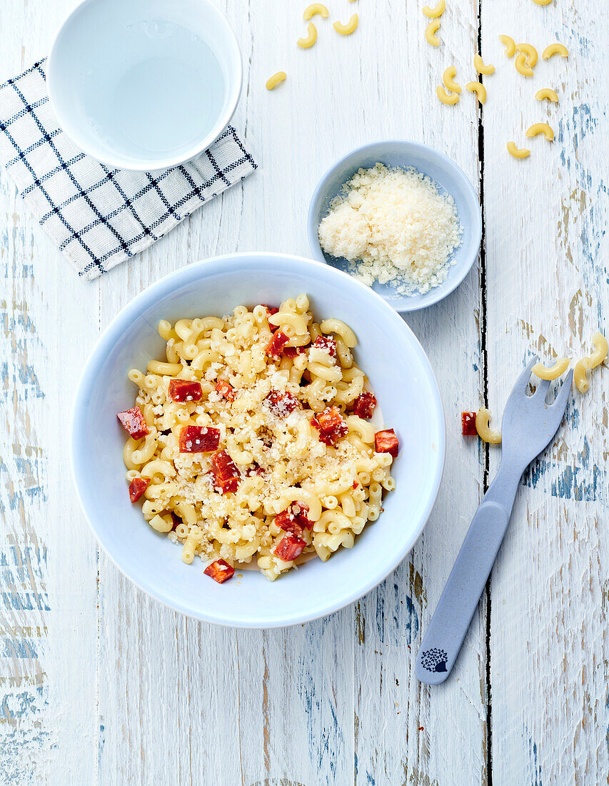 Elbow shaped pasta with chorizo and parmesan cheese