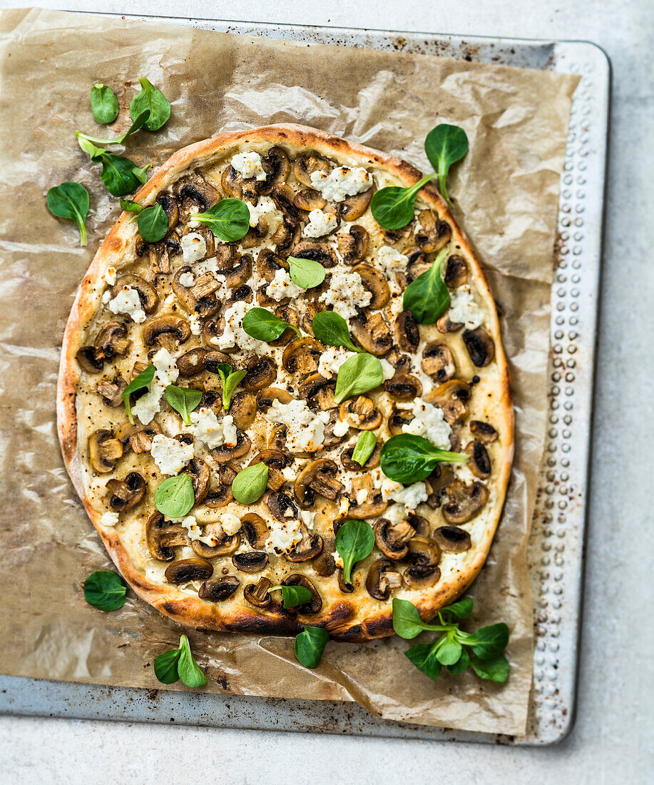 Pizza mit Pilzen und Ricotta