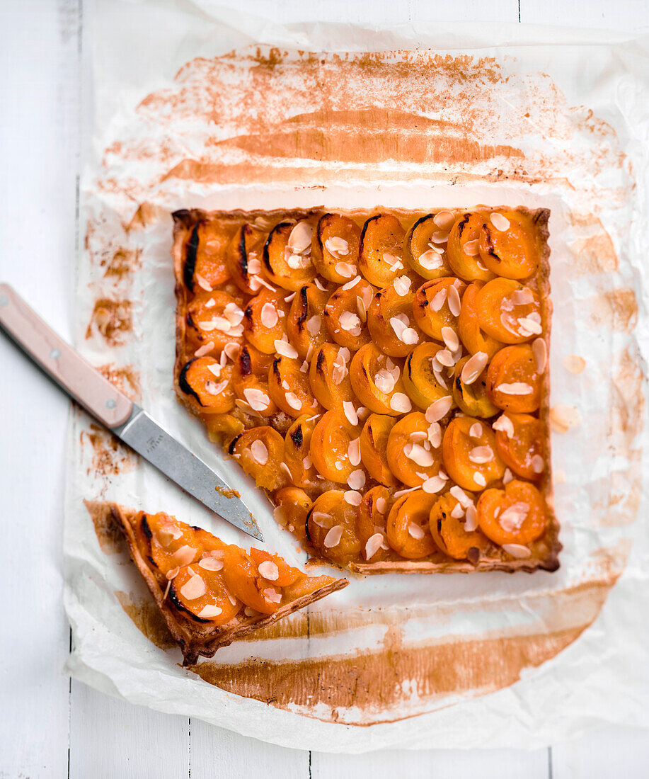 Apricot and thinly sliced almond square tart