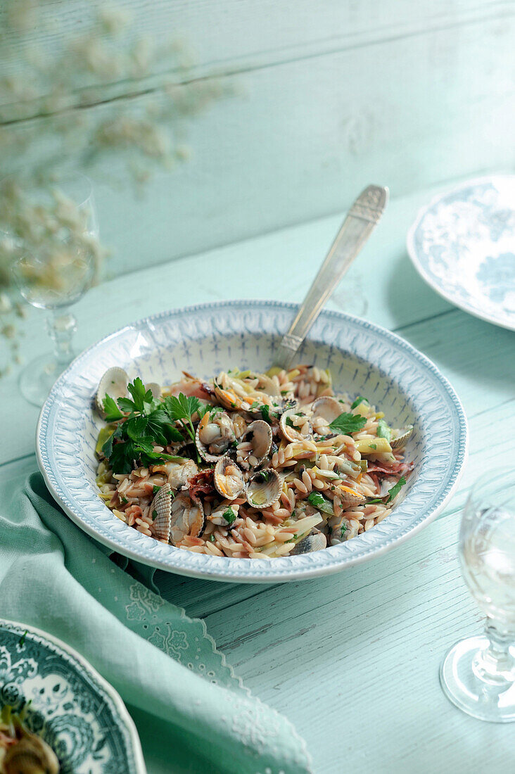 Orzo with cockles and bacon