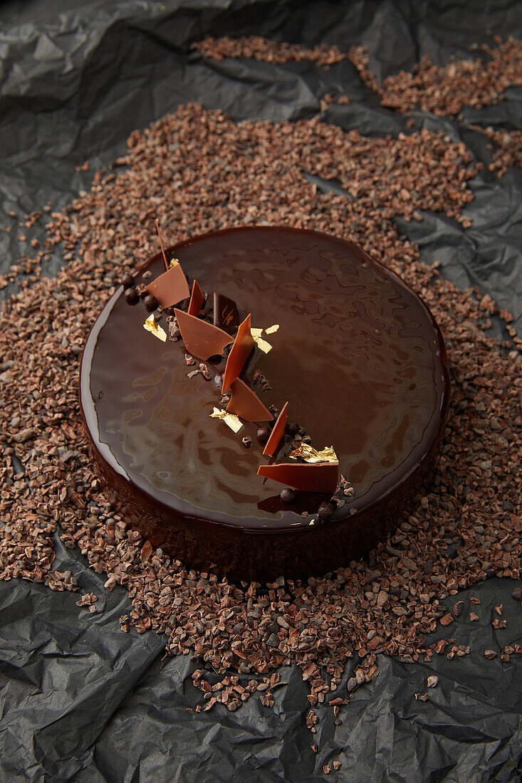 Schokoladen-Spiegelkuchen mit Marigny-Biskuit, Gianduja-Knusper und Kakaobohnensplitter