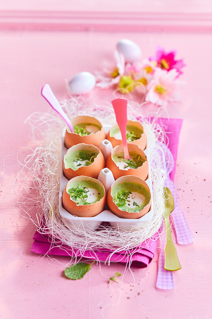 Gazpacho with peas and mint served in egg shells