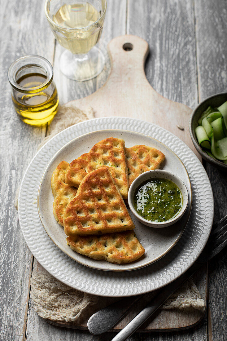 Waffles with courgette and pesto