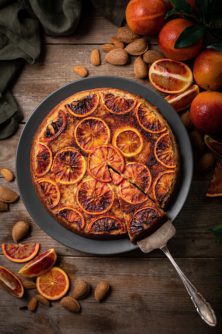 Upside down cake with blood oranges