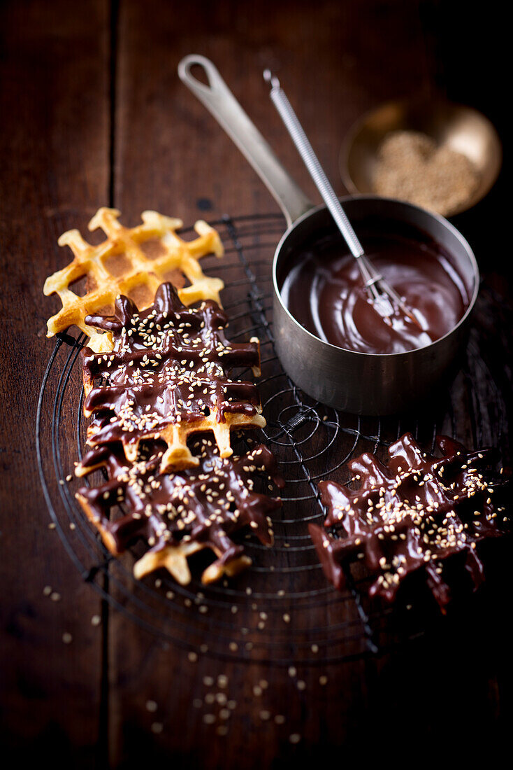 Waffles with melted chocolate and sesame