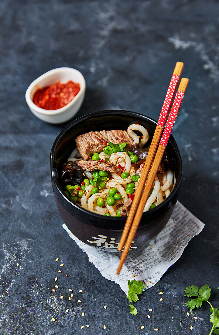 Beef and pea Udon