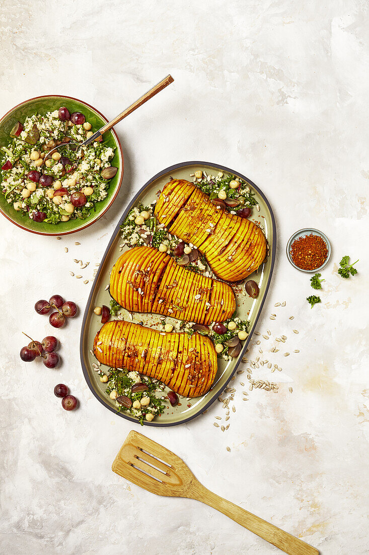 Hasselback butternut squash with sunflower seeds