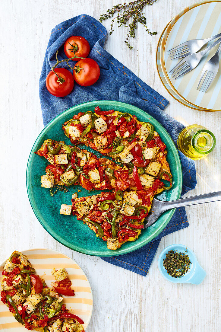 Tofu cake, southern vegetables and herbs