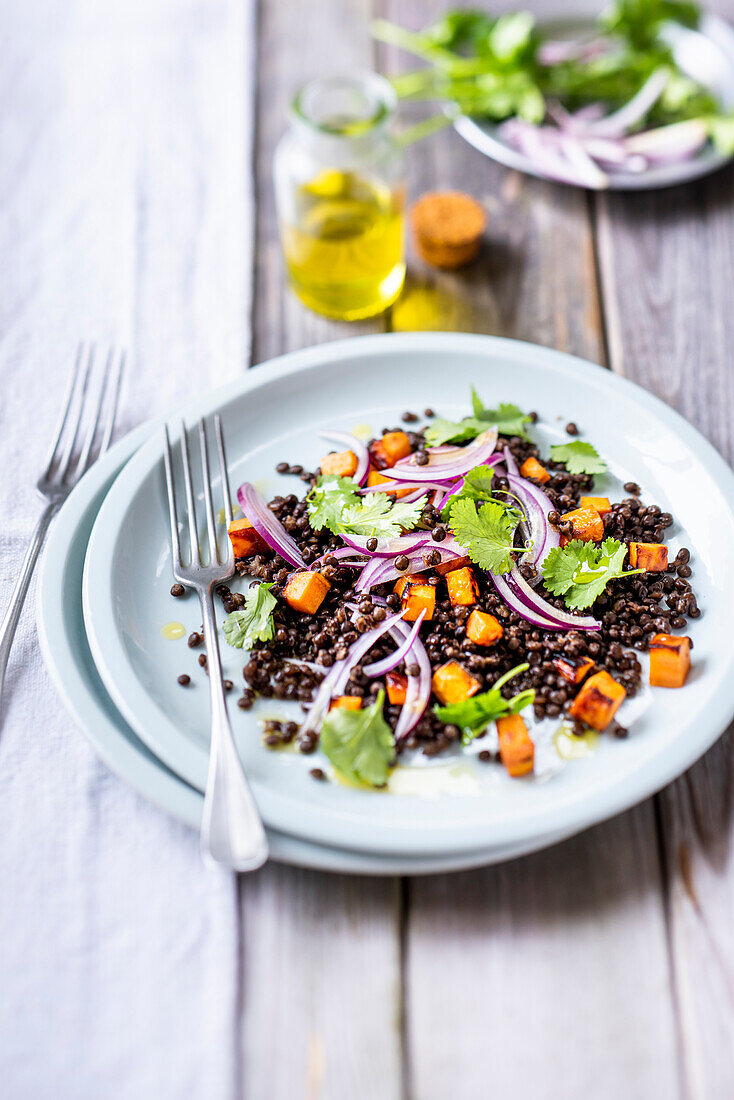 Salat aus Belugalinsen, gegrillter Süßkartoffel und roten Zwiebeln