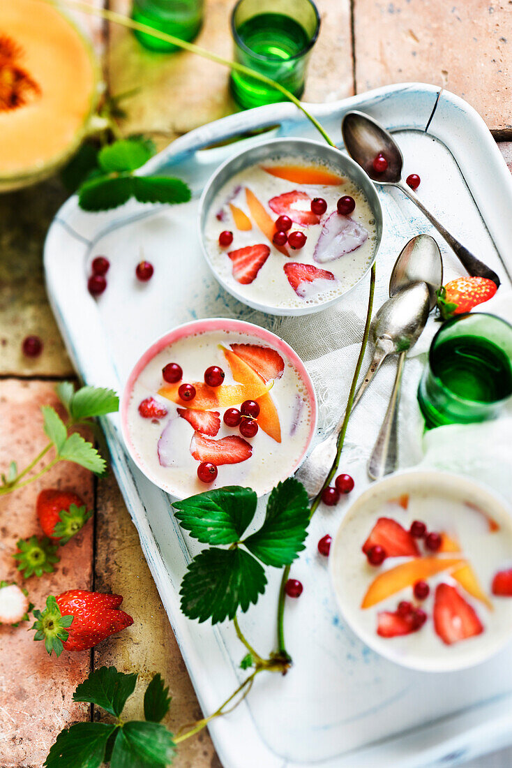 Panacotta with melon, strawberries and red currants