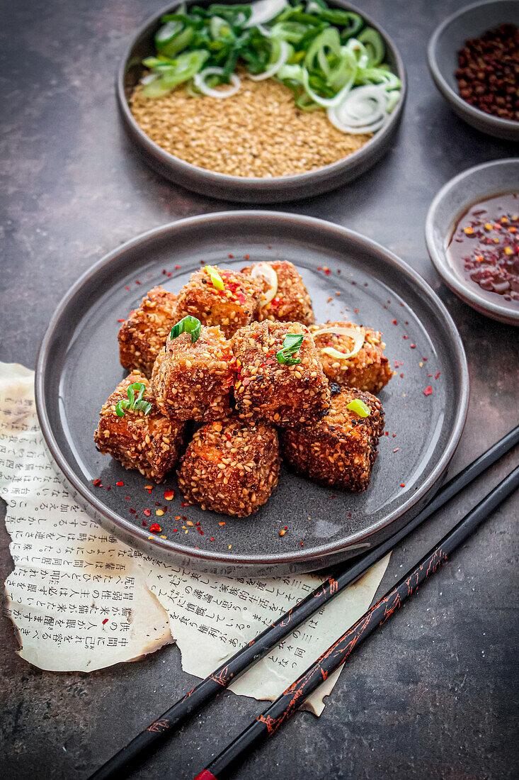 Frittierter Tofu mit Chilisauce (Asien)