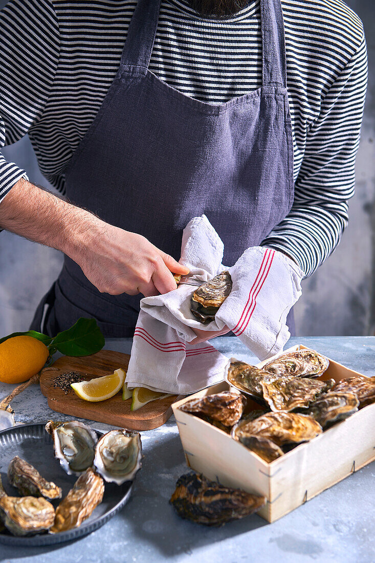 Shucking oysters