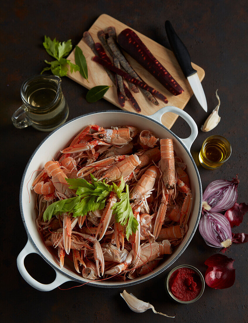 Broth made with langoustine rests