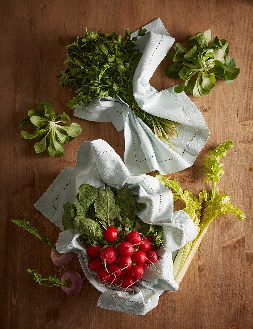 Radishes, lamb's lettuce, and flat leaf parsley