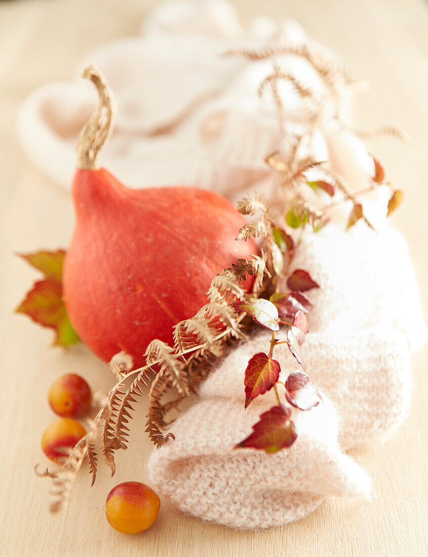 Autumnal still life with a woollen scarf, a small pumpkin, leaves and ornamental apples