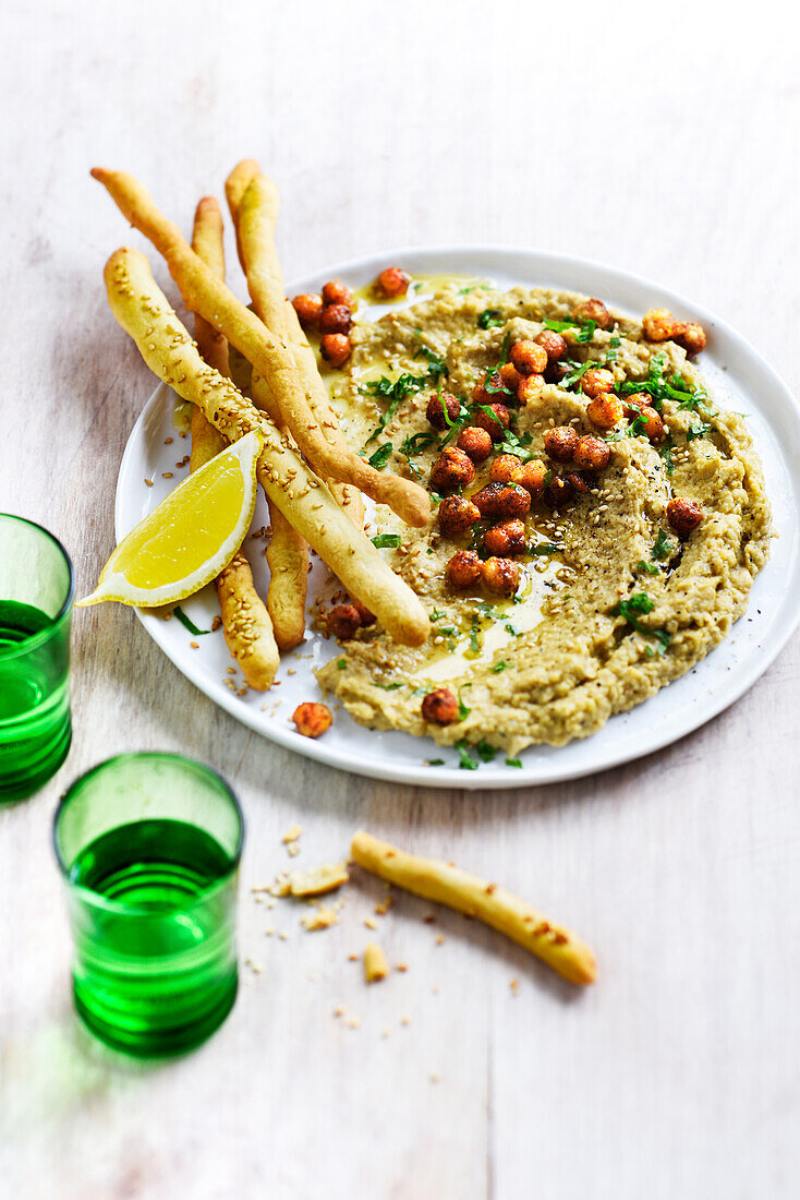 Hummus with roasted chickpeas and grissini
