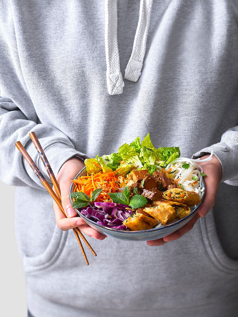 Hands holding Bo-bun with tofu (Vietnam)