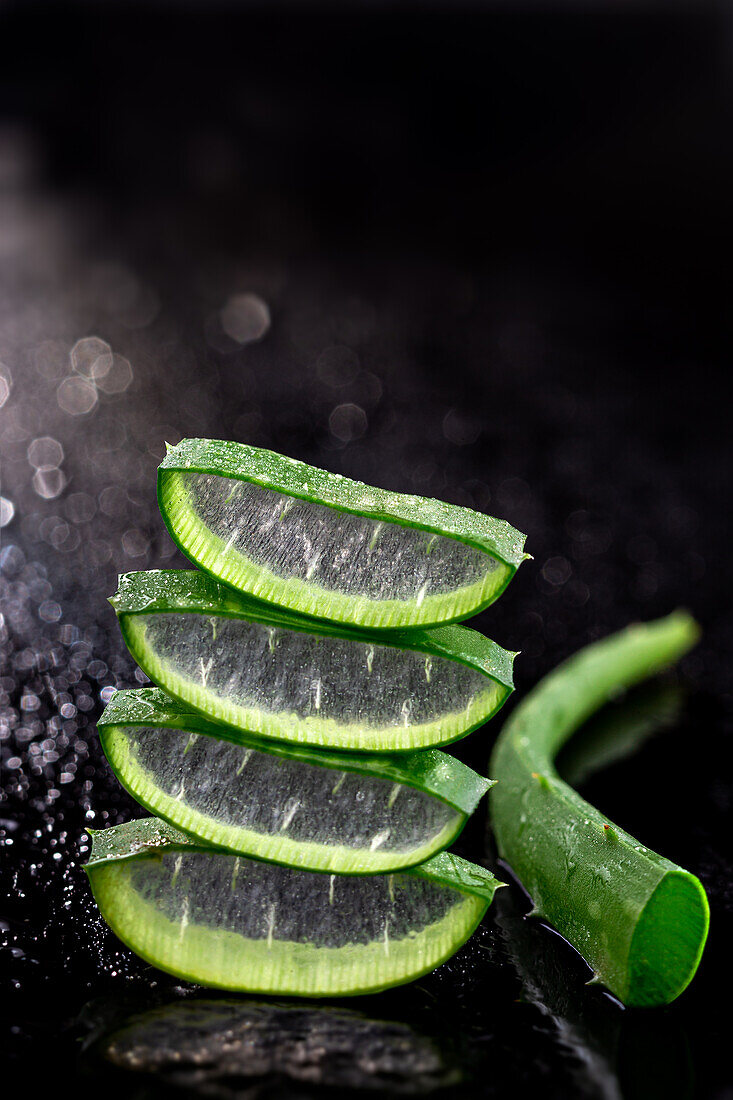 Cut and layered pieces of aloe vera