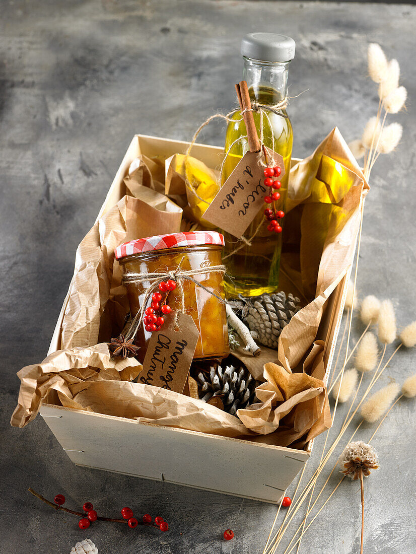 Homemade chutney and herb liqueur to give as a gift