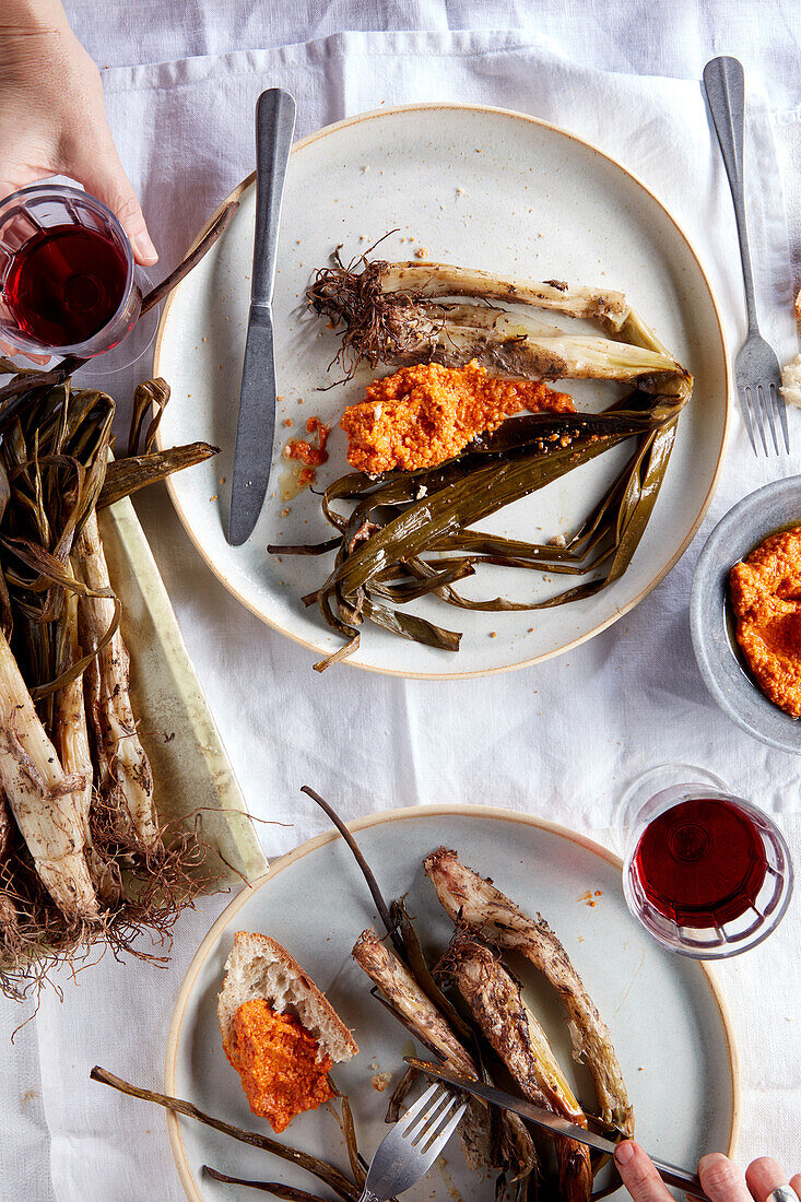Grilled calçots with romesco sauce