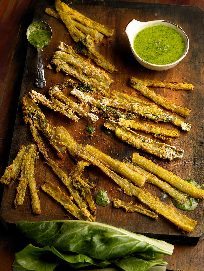 Roasted chard stems with green herb sauce