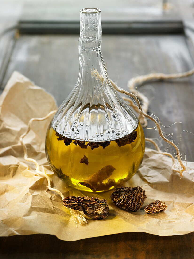 Mushroom oil in a glass bottle
