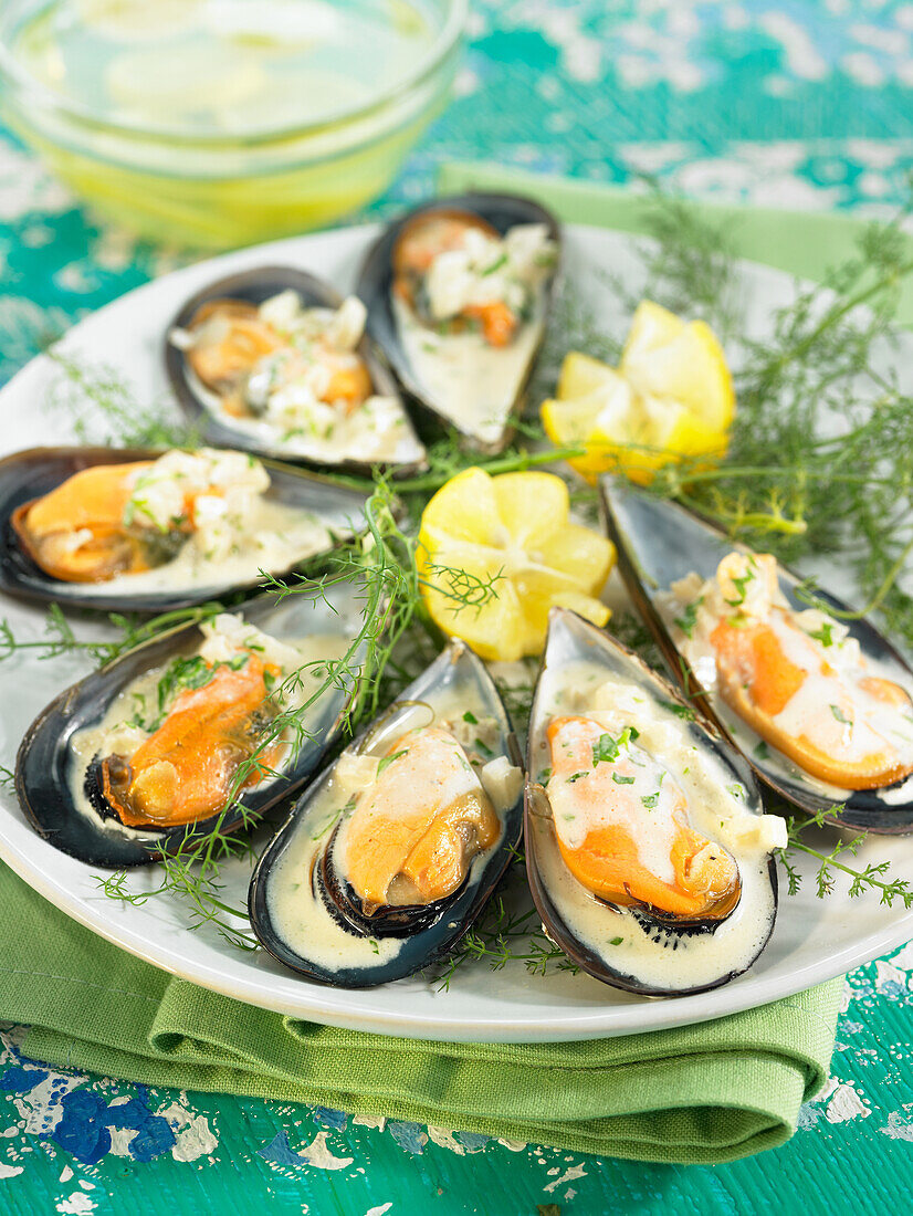 Überbackene Miesmuscheln mit belgischer Sauce