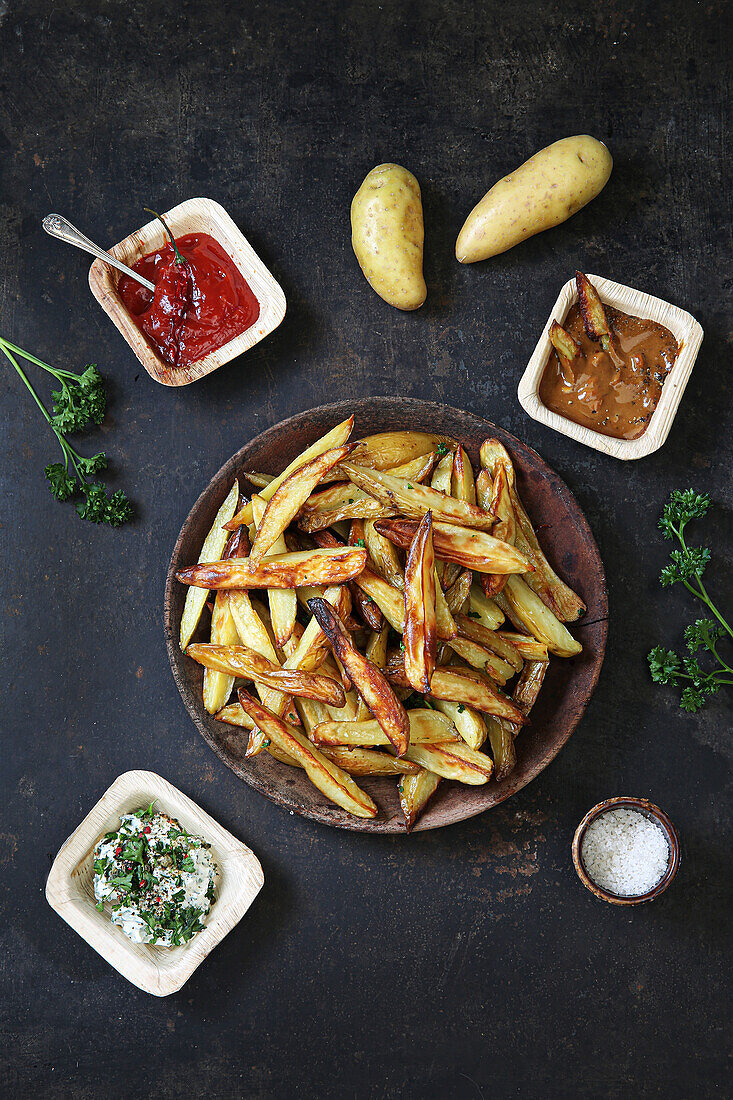 Baked French fries made out of new potatoes served with three sauces