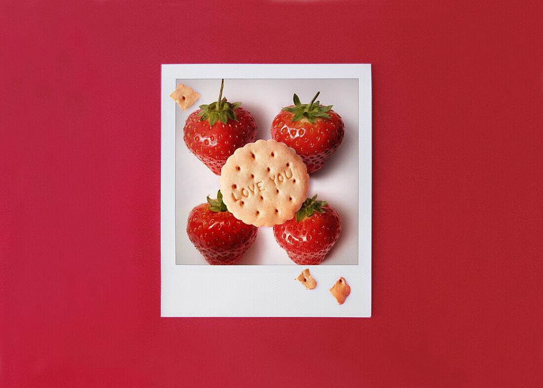 Polaroid-Aufnahme mit Erdbeeren und I Love You-Keks