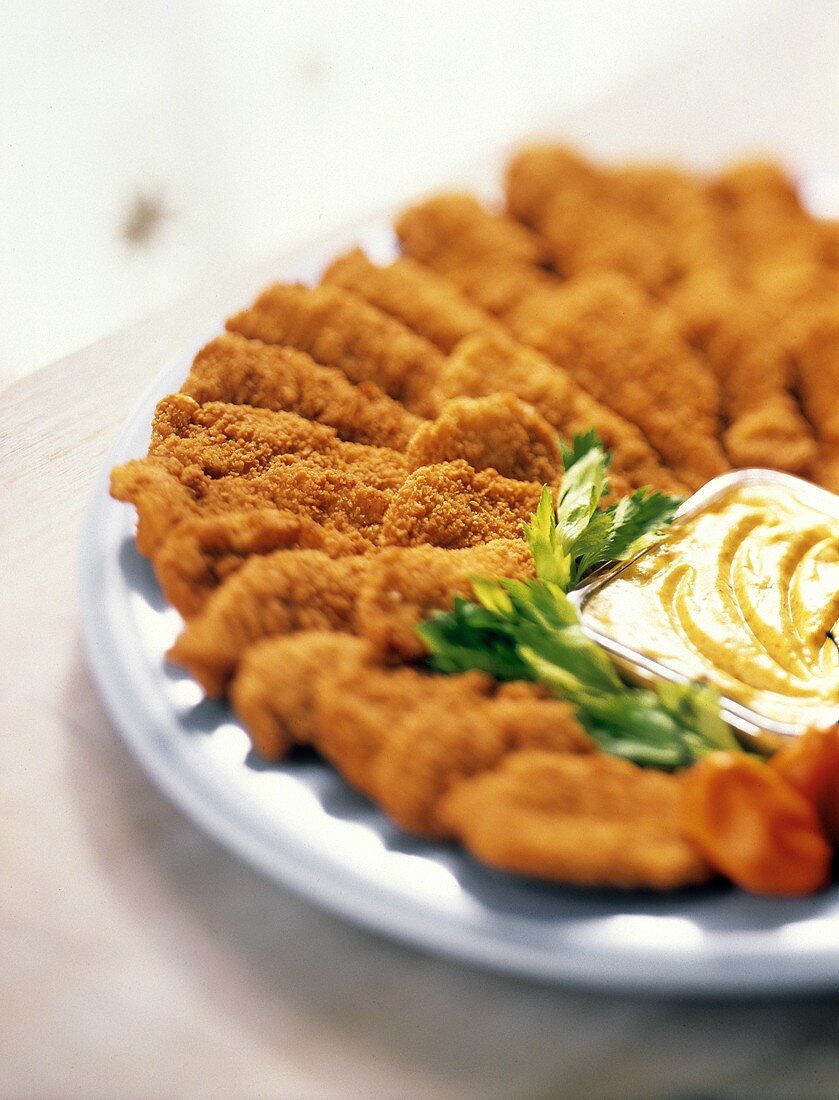 Breaded Chicken Strips on Platter with Dijon